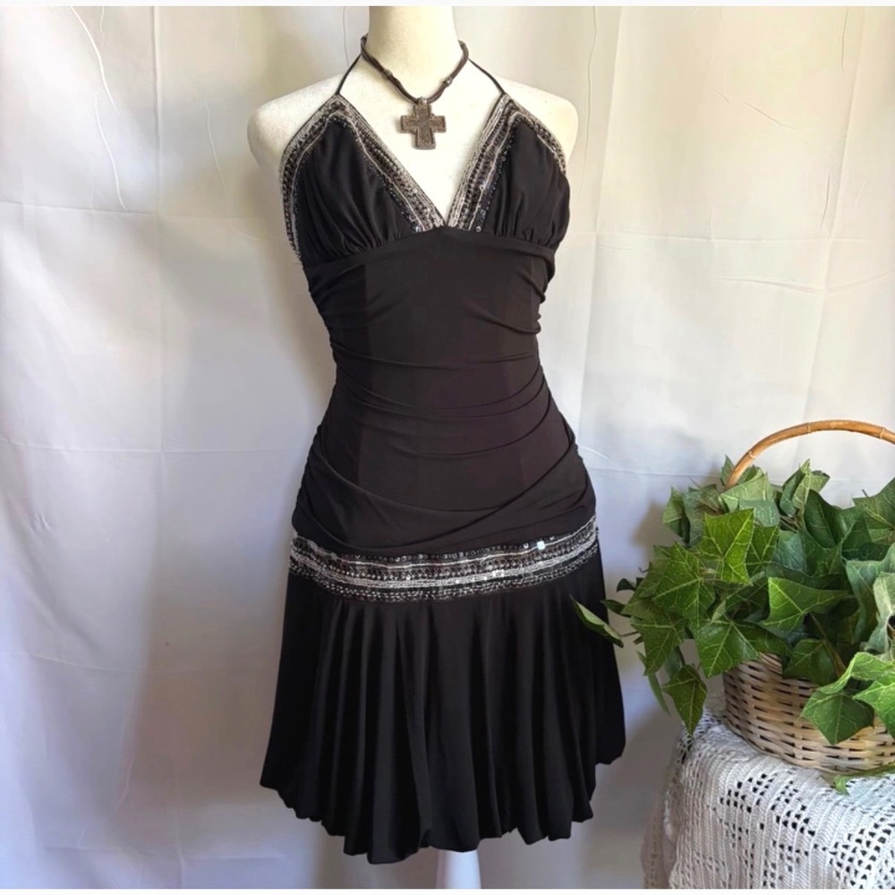 Y2K Club Babydoll BCBG Black Sequin Halter Ruched Drop Waist Cocktail Dress L